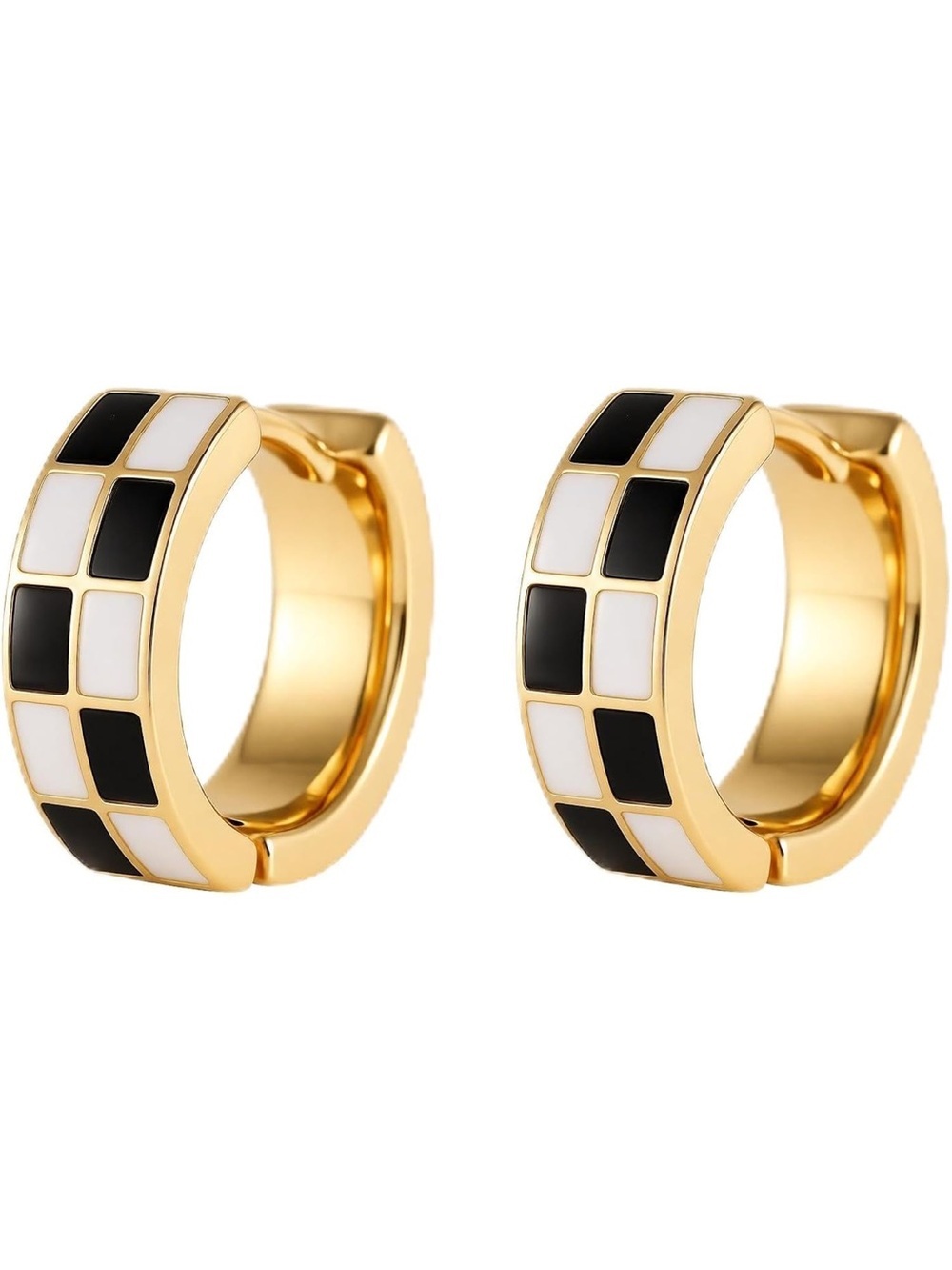 Anthropologie Gold Hoop Earrings with Black and White Check Inlay